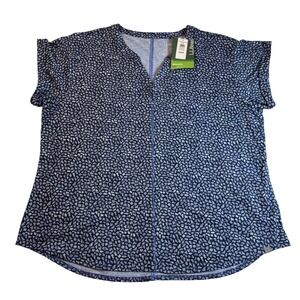 LLBean StreamSide Plus Size 2X Women's Navy Geo Print V Neck Short Sleeve Top
